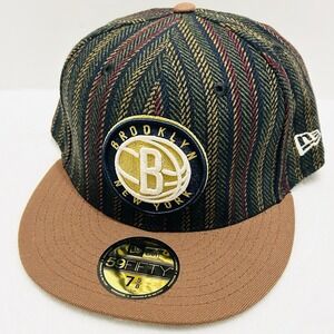 New Era Brooklyn Nets Logo Herringbone 59FIFTY‎ Fitted Hat Cap 7 5/8 Brown NBA